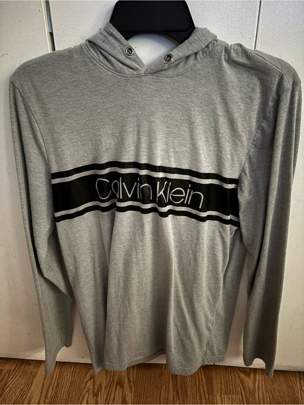 Calvin Klein Gray Hoodie with Black Logo Stripe